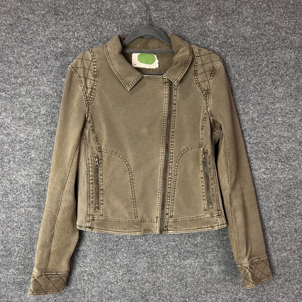 Anthropologie‎ Moto Jacket Olive Green Quilted Shoulders Zip Front Casual Size S